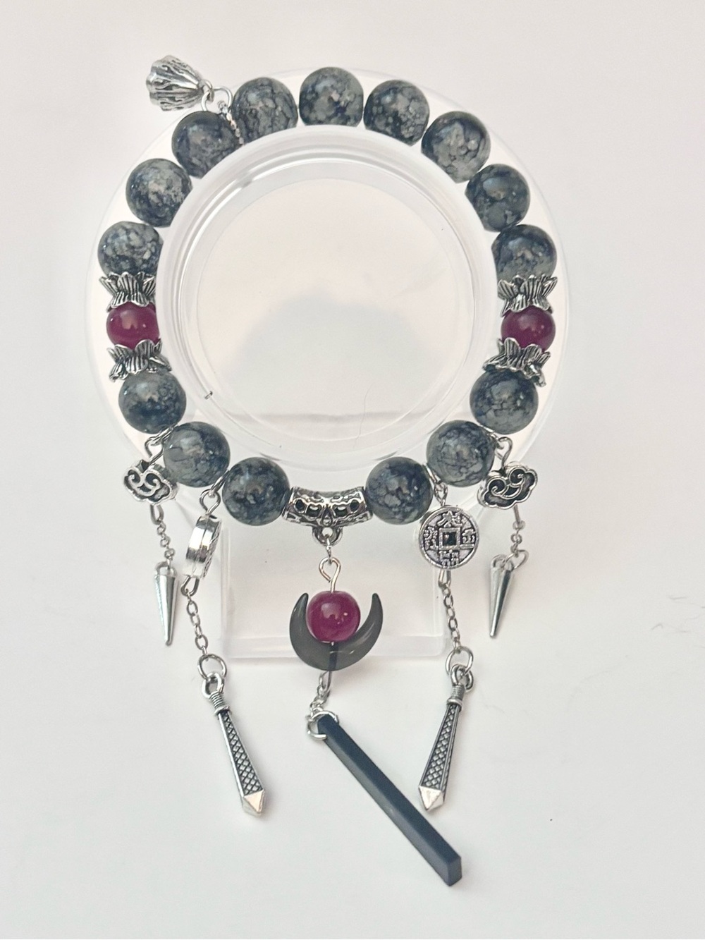 Handmade Gray and Burgundy Beaded Charm Bracelet with Crescent Pendant